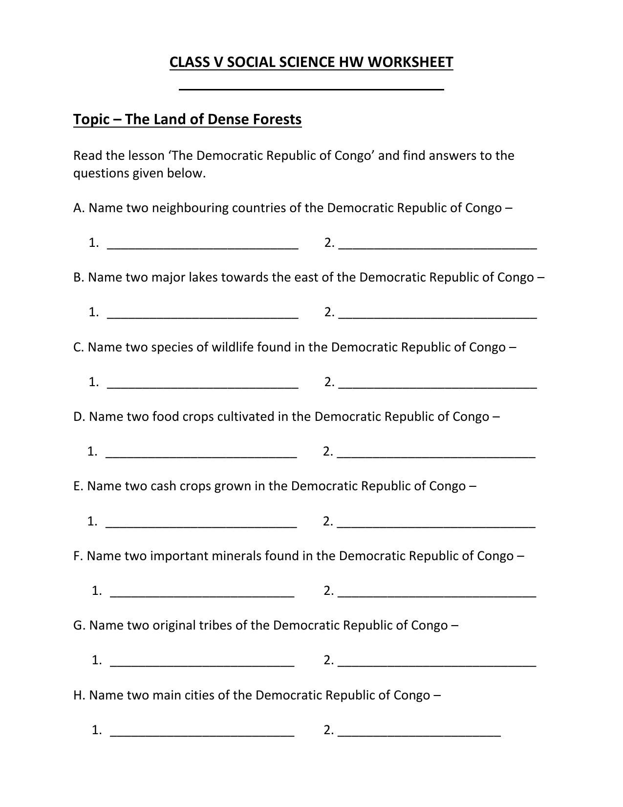 Worksheet for Class 5 Social Science The Land of Dense Forests Assignment 1 - Page 1