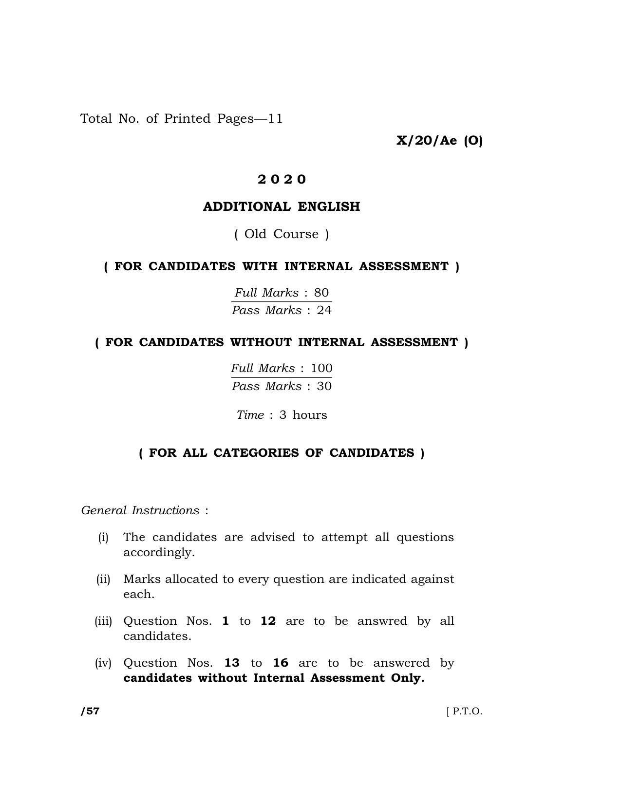 Meghalaya Board (MBOSE) Class 10 ADDITIONAL ENGLISH ( Old Course ) 2020 Question Paper - Page 1