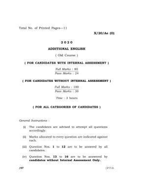 Meghalaya Board (MBOSE) Class 10 ADDITIONAL ENGLISH ( Old Course ) 2020 Question Paper