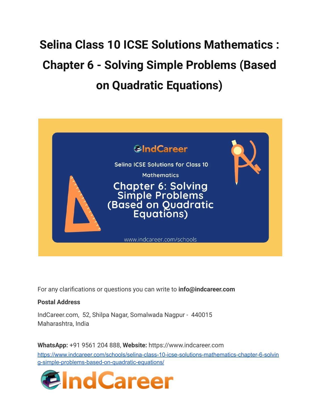 Selina Class 10 ICSE Solutions Mathematics : Chapter 6 - Solving Simple Problems (Based on Quadratic Equations) - Page 1