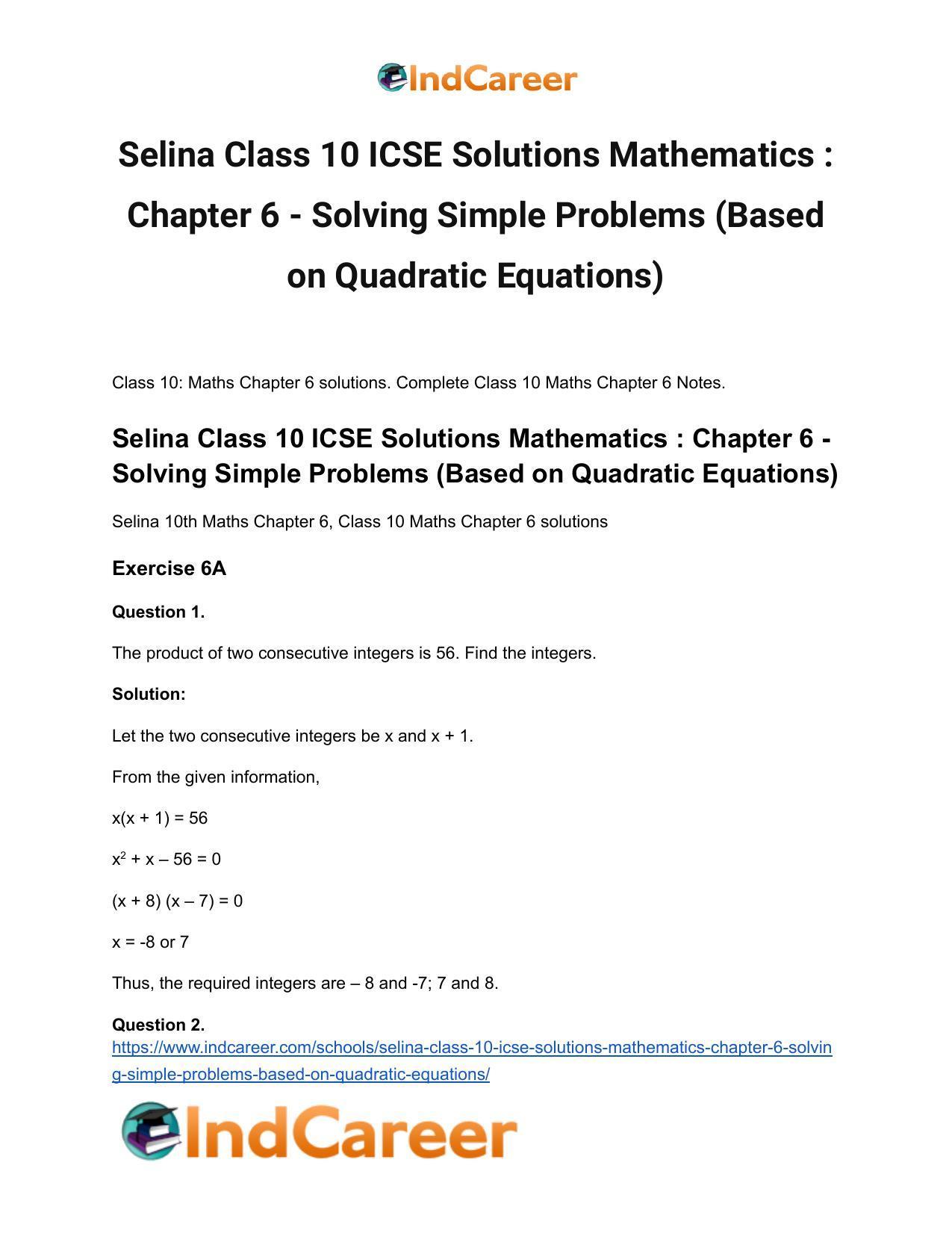 Selina Class 10 ICSE Solutions Mathematics : Chapter 6 - Solving Simple Problems (Based on Quadratic Equations) - Page 2
