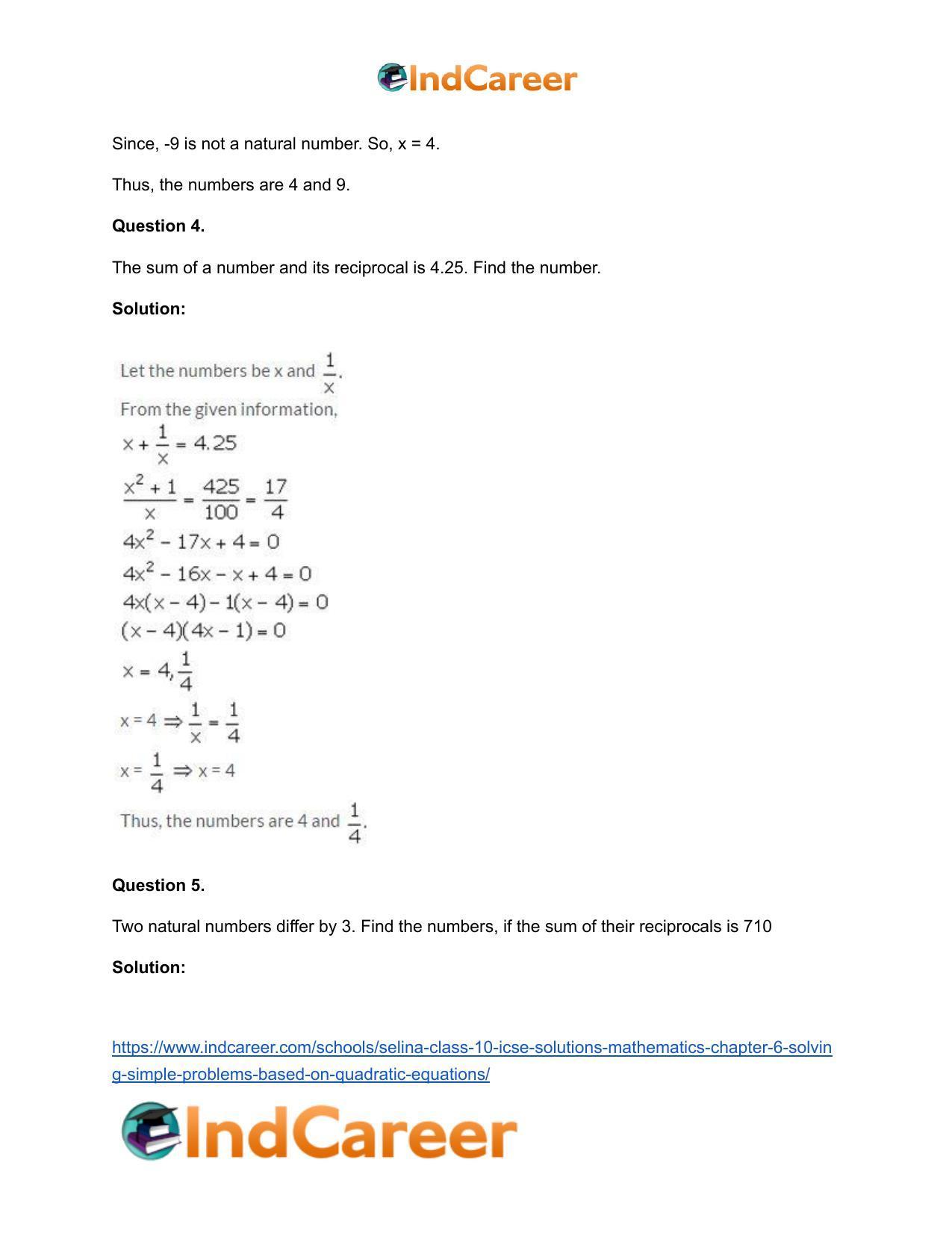 Selina Class 10 ICSE Solutions Mathematics : Chapter 6 - Solving Simple Problems (Based on Quadratic Equations) - Page 4