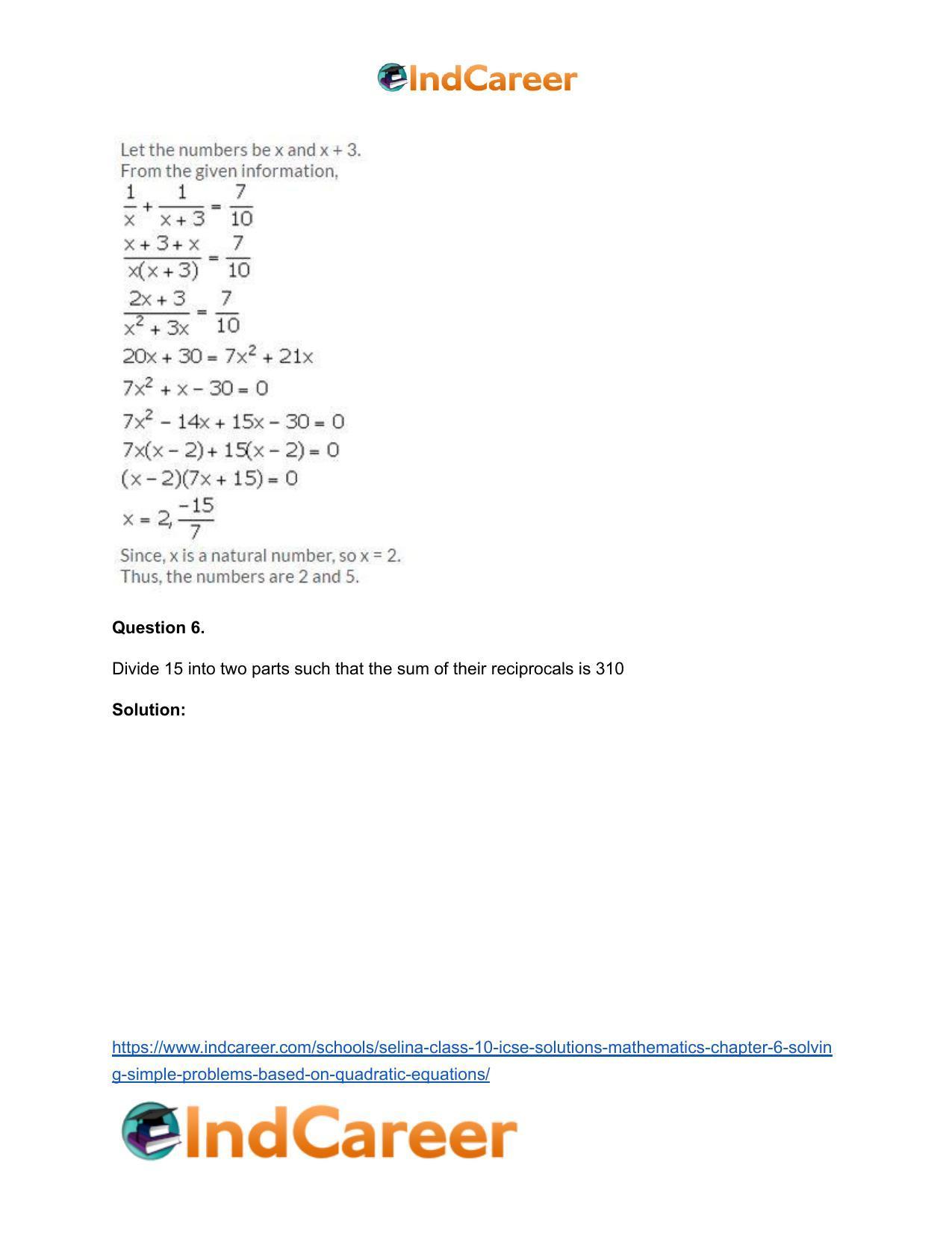 Selina Class 10 ICSE Solutions Mathematics : Chapter 6 - Solving Simple Problems (Based on Quadratic Equations) - Page 5