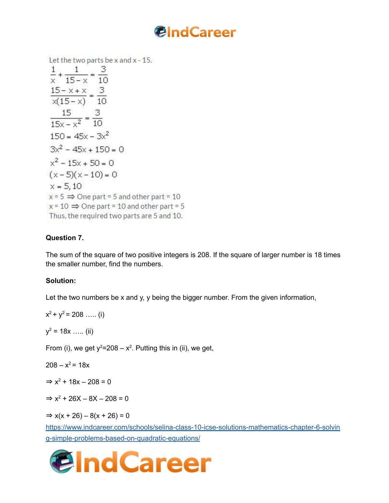 Selina Class 10 ICSE Solutions Mathematics : Chapter 6 - Solving Simple Problems (Based on Quadratic Equations) - Page 6