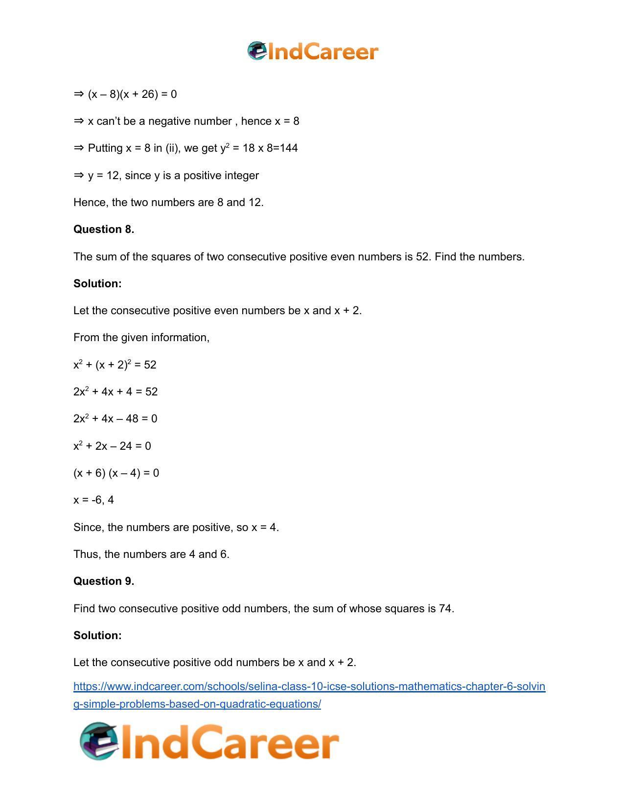Selina Class 10 ICSE Solutions Mathematics : Chapter 6 - Solving Simple Problems (Based on Quadratic Equations) - Page 7