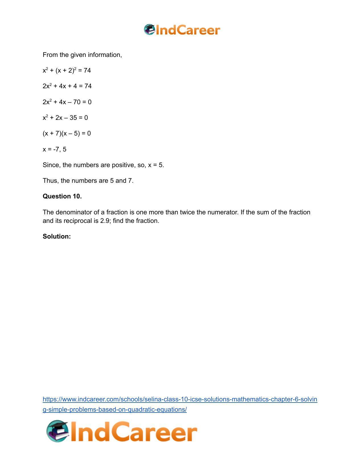 Selina Class 10 ICSE Solutions Mathematics : Chapter 6 - Solving Simple Problems (Based on Quadratic Equations) - Page 8
