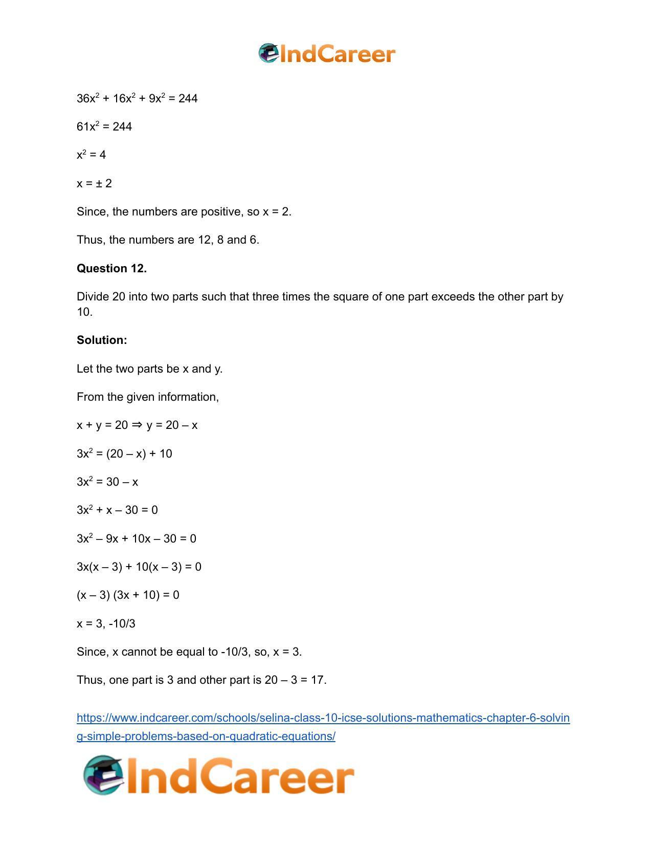 Selina Class 10 ICSE Solutions Mathematics : Chapter 6 - Solving Simple Problems (Based on Quadratic Equations) - Page 10