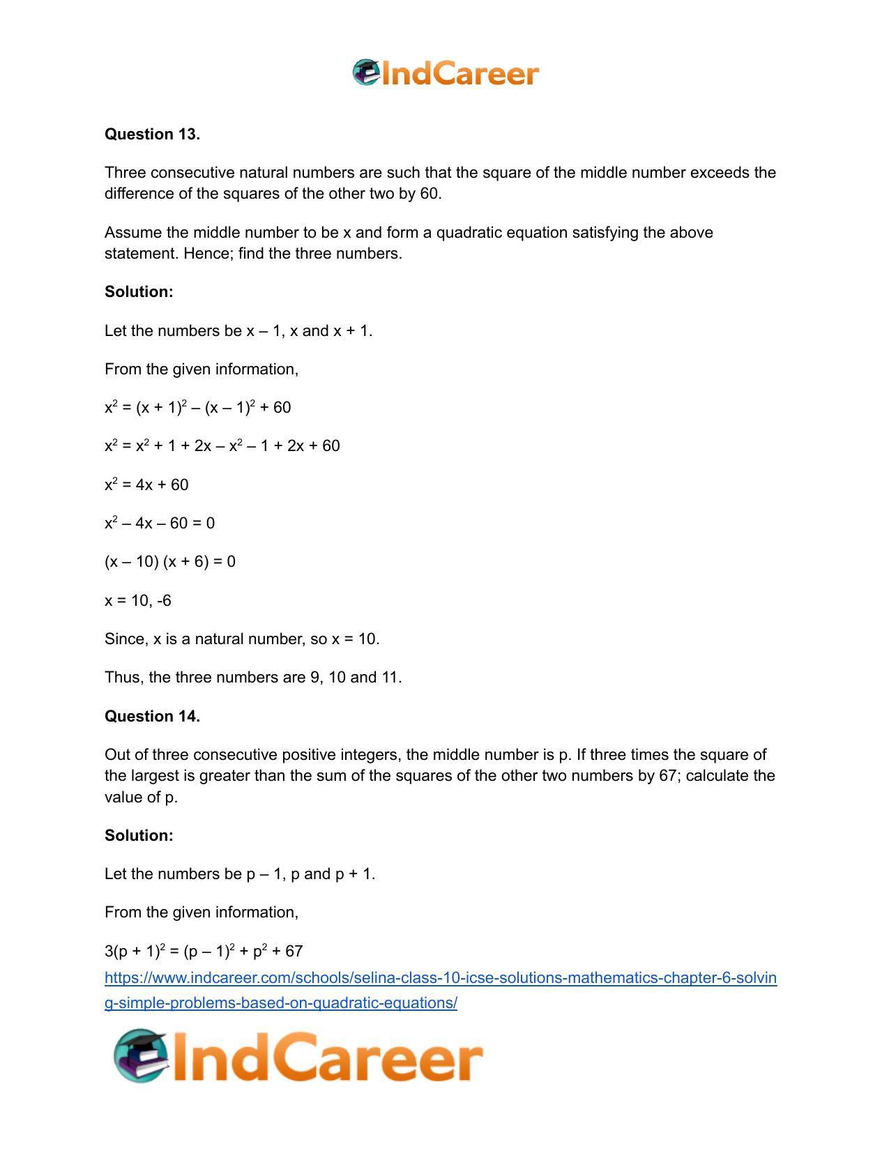 Selina Class 10 ICSE Solutions Mathematics : Chapter 6 - Solving Simple Problems (Based on Quadratic Equations) - Page 11