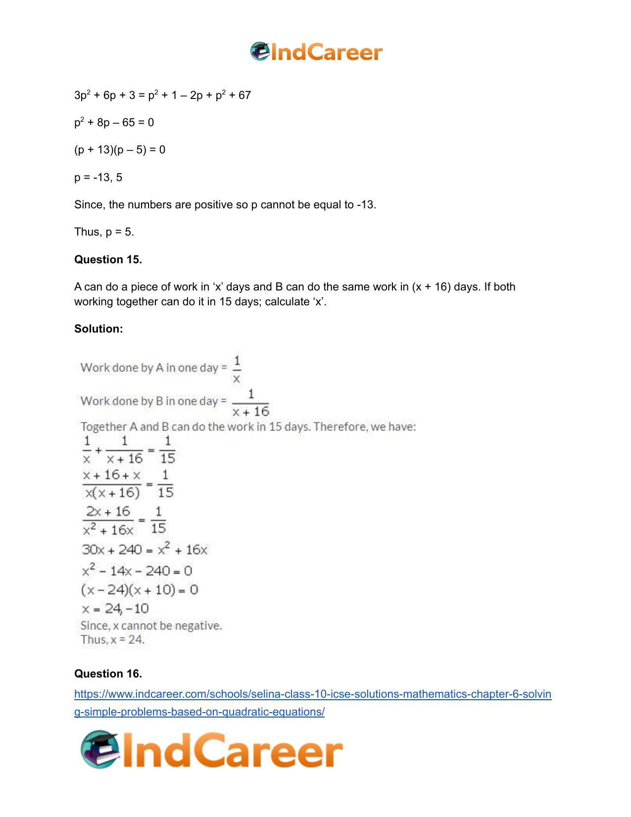 Selina Class 10 ICSE Solutions Mathematics : Chapter 6 - Solving Simple Problems (Based on Quadratic Equations) - Page 12
