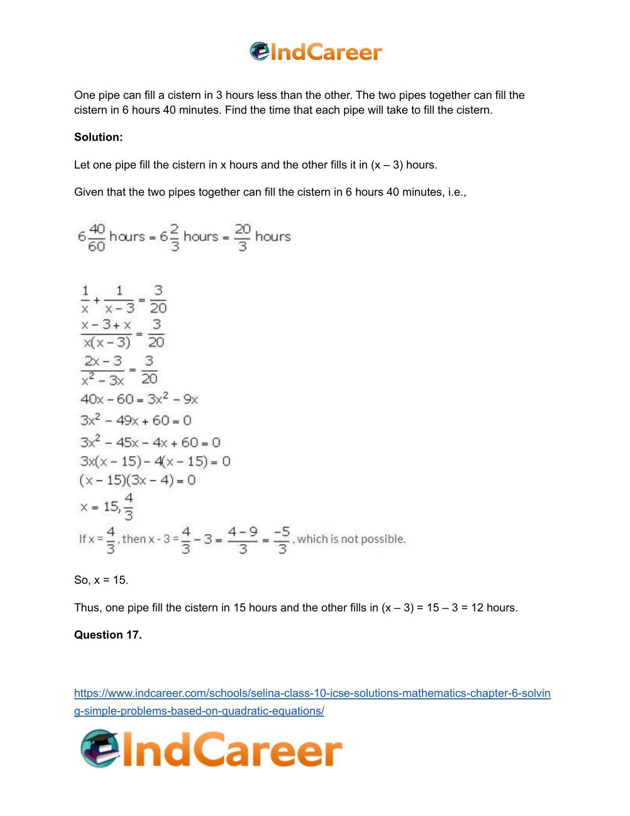 Selina Class 10 ICSE Solutions Mathematics : Chapter 6 - Solving Simple Problems (Based on Quadratic Equations) - Page 13