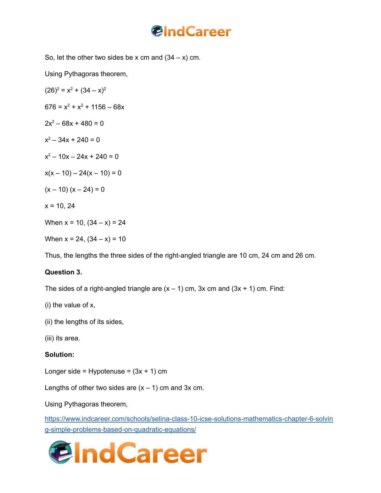 Selina Class 10 ICSE Solutions Mathematics : Chapter 6 - Solving Simple Problems (Based on Quadratic Equations) - Page 16