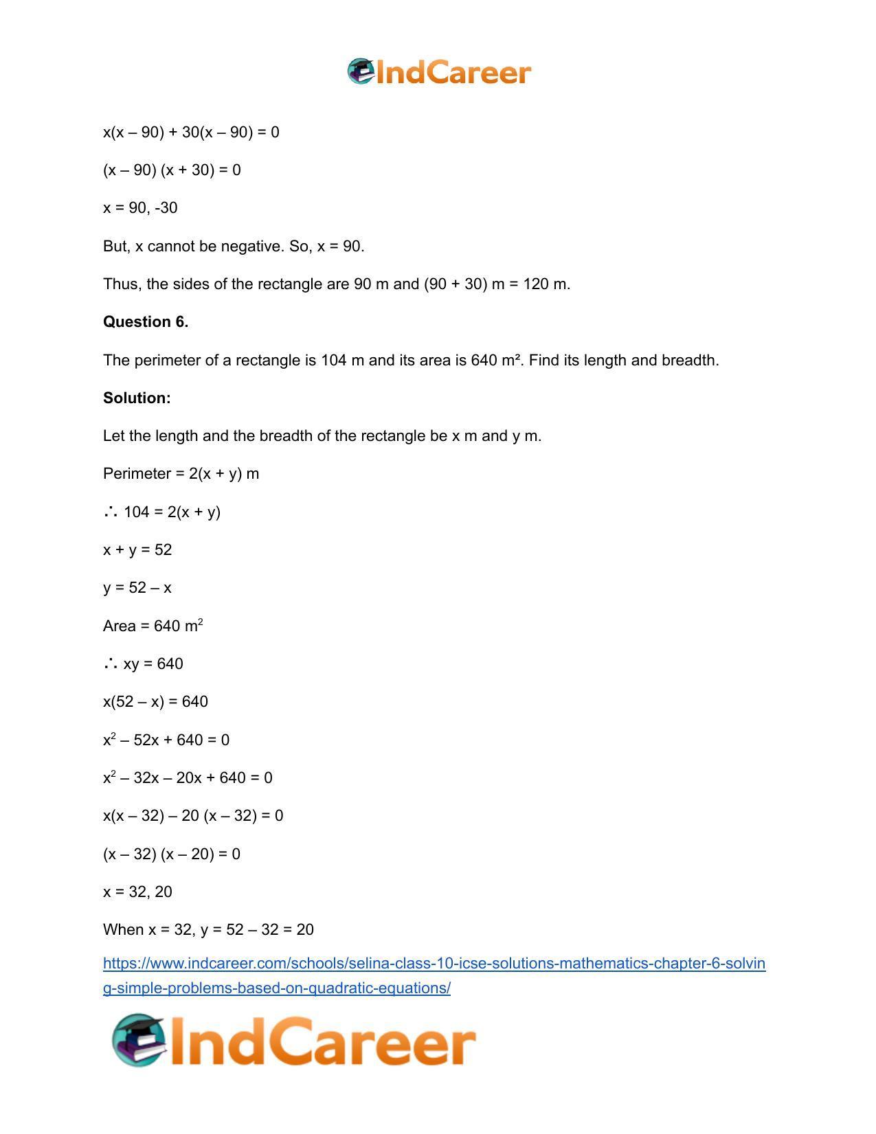 Selina Class 10 ICSE Solutions Mathematics : Chapter 6 - Solving Simple Problems (Based on Quadratic Equations) - Page 19