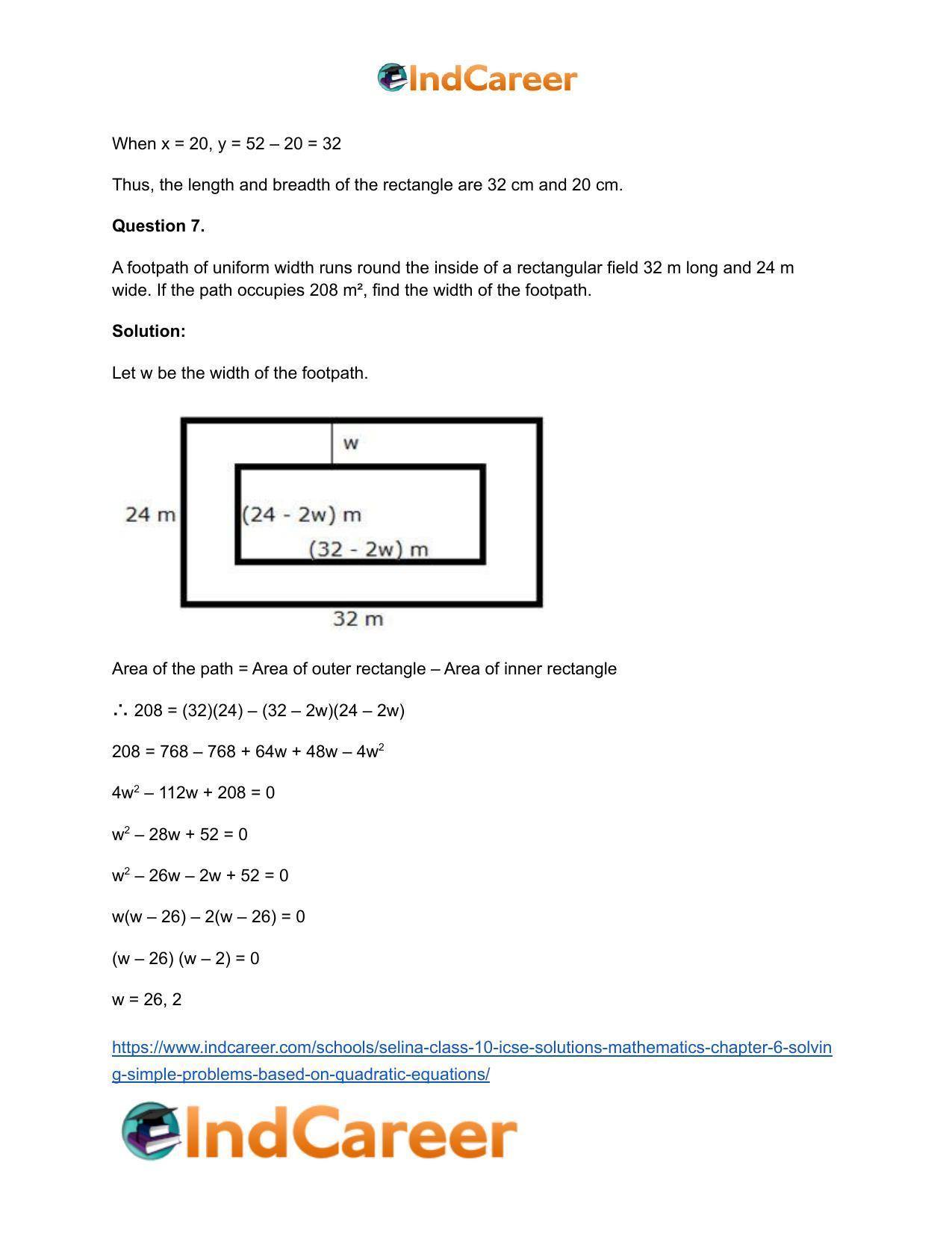 Selina Class 10 ICSE Solutions Mathematics : Chapter 6 - Solving Simple Problems (Based on Quadratic Equations) - Page 20
