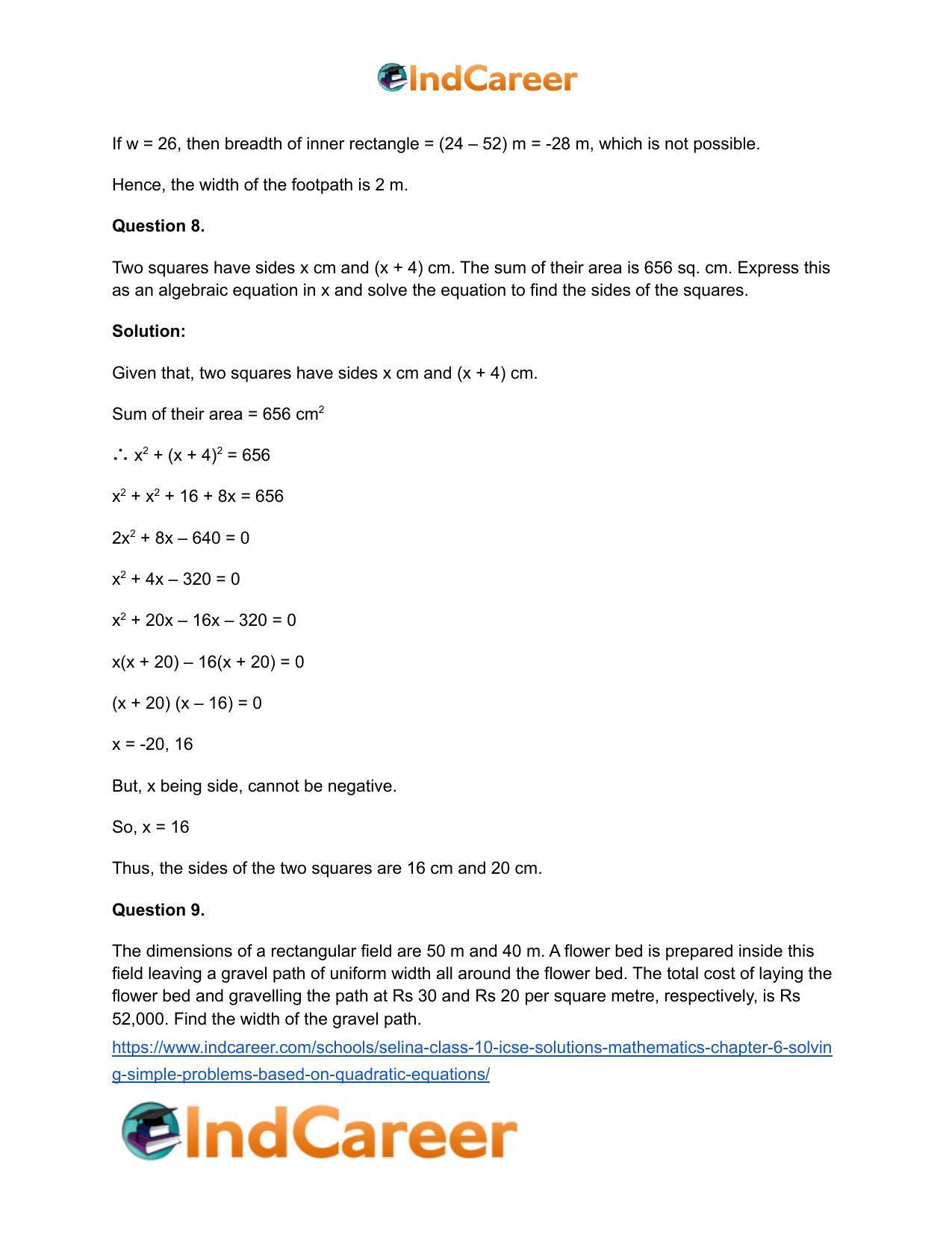Selina Class 10 ICSE Solutions Mathematics : Chapter 6 - Solving Simple Problems (Based on Quadratic Equations) - Page 21