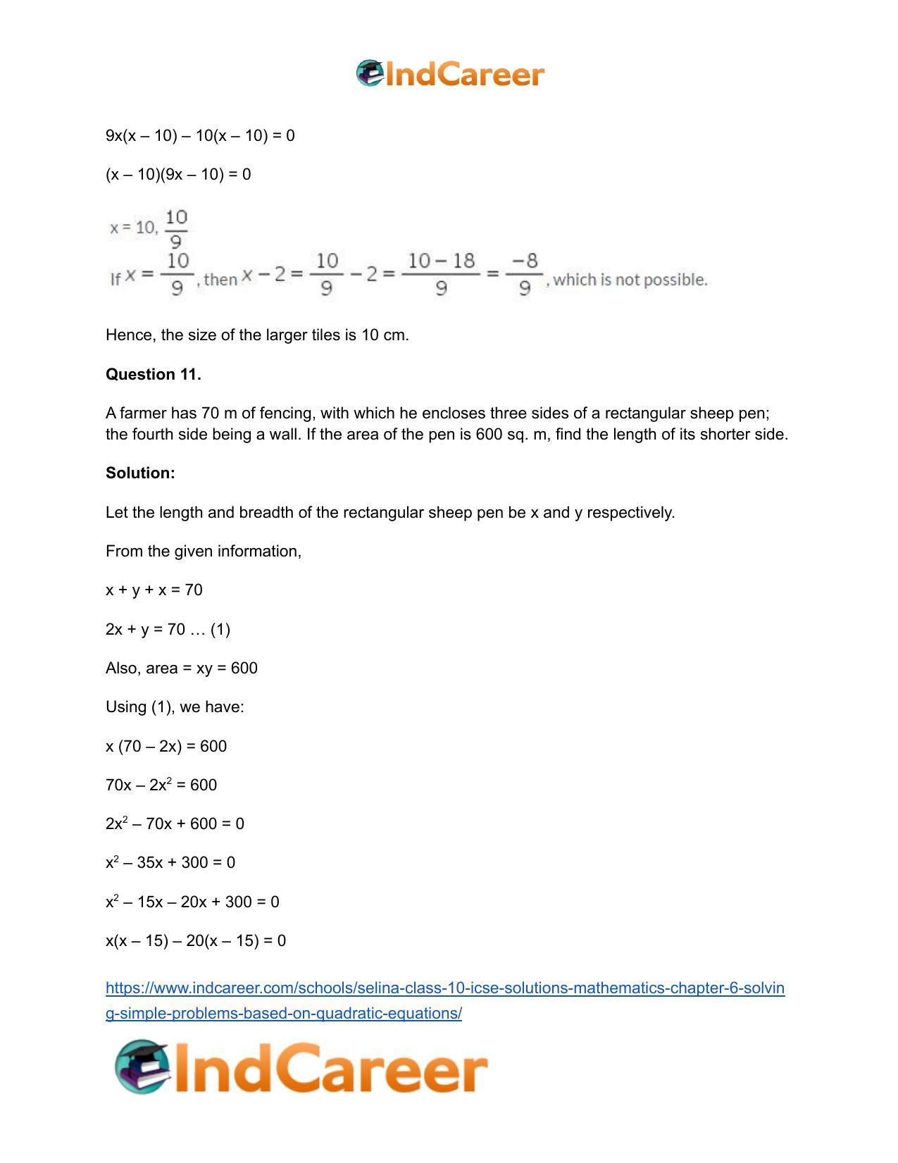 Selina Class 10 ICSE Solutions Mathematics : Chapter 6 - Solving Simple Problems (Based on Quadratic Equations) - Page 24