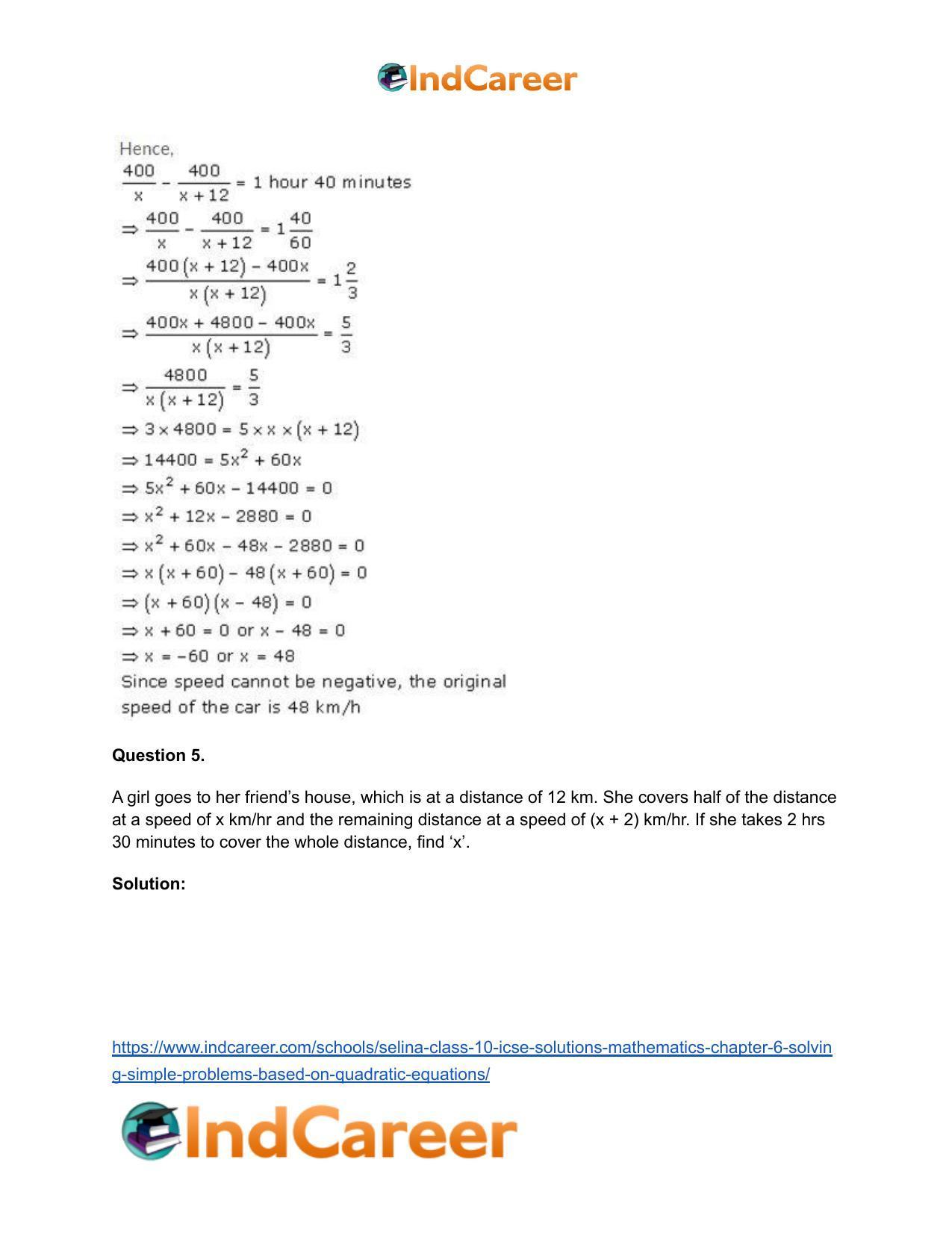 Selina Class 10 ICSE Solutions Mathematics : Chapter 6 - Solving Simple Problems (Based on Quadratic Equations) - Page 32