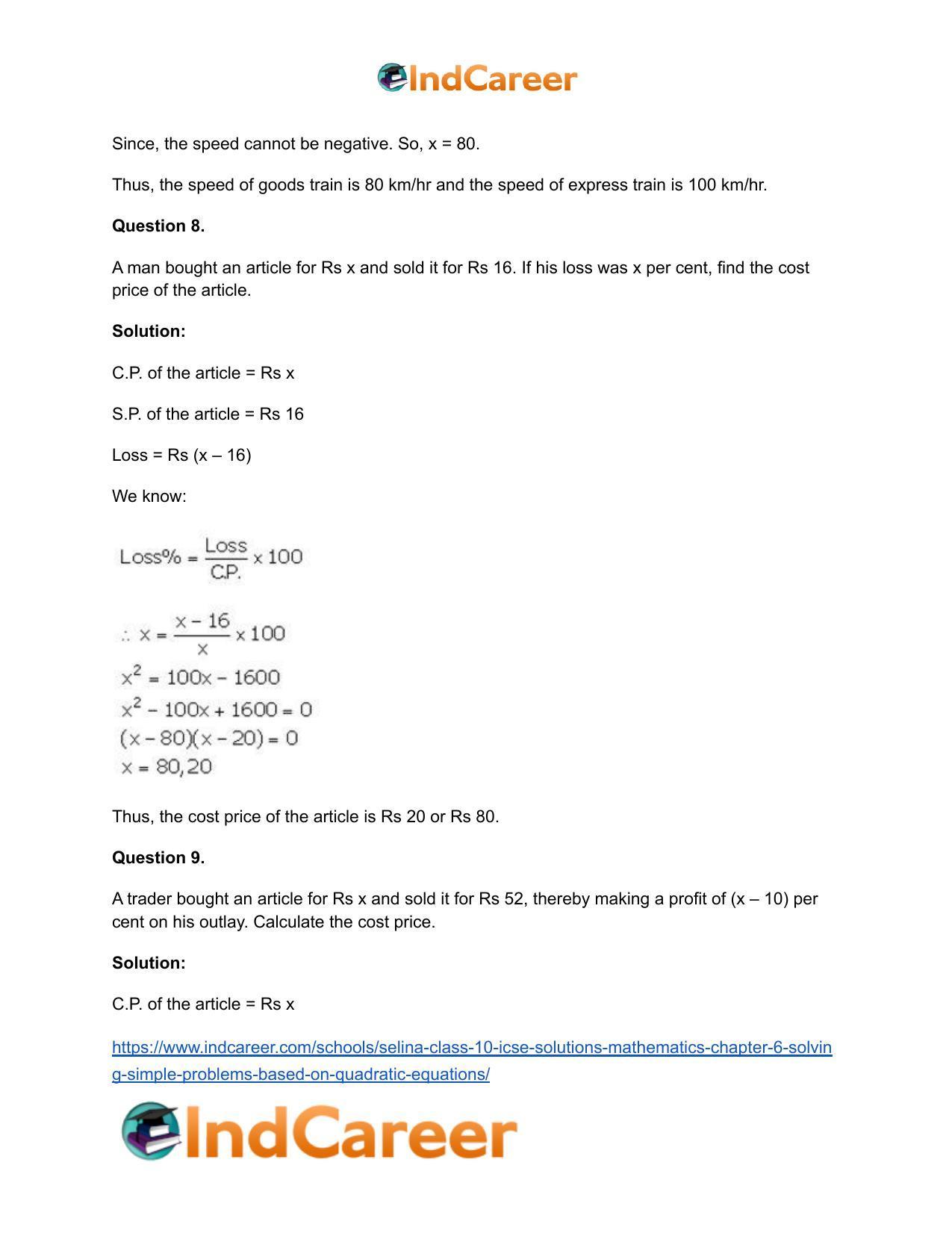 Selina Class 10 ICSE Solutions Mathematics : Chapter 6 - Solving Simple Problems (Based on Quadratic Equations) - Page 36