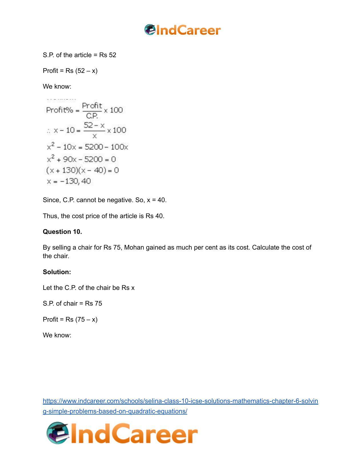 Selina Class 10 ICSE Solutions Mathematics : Chapter 6 - Solving Simple Problems (Based on Quadratic Equations) - Page 37