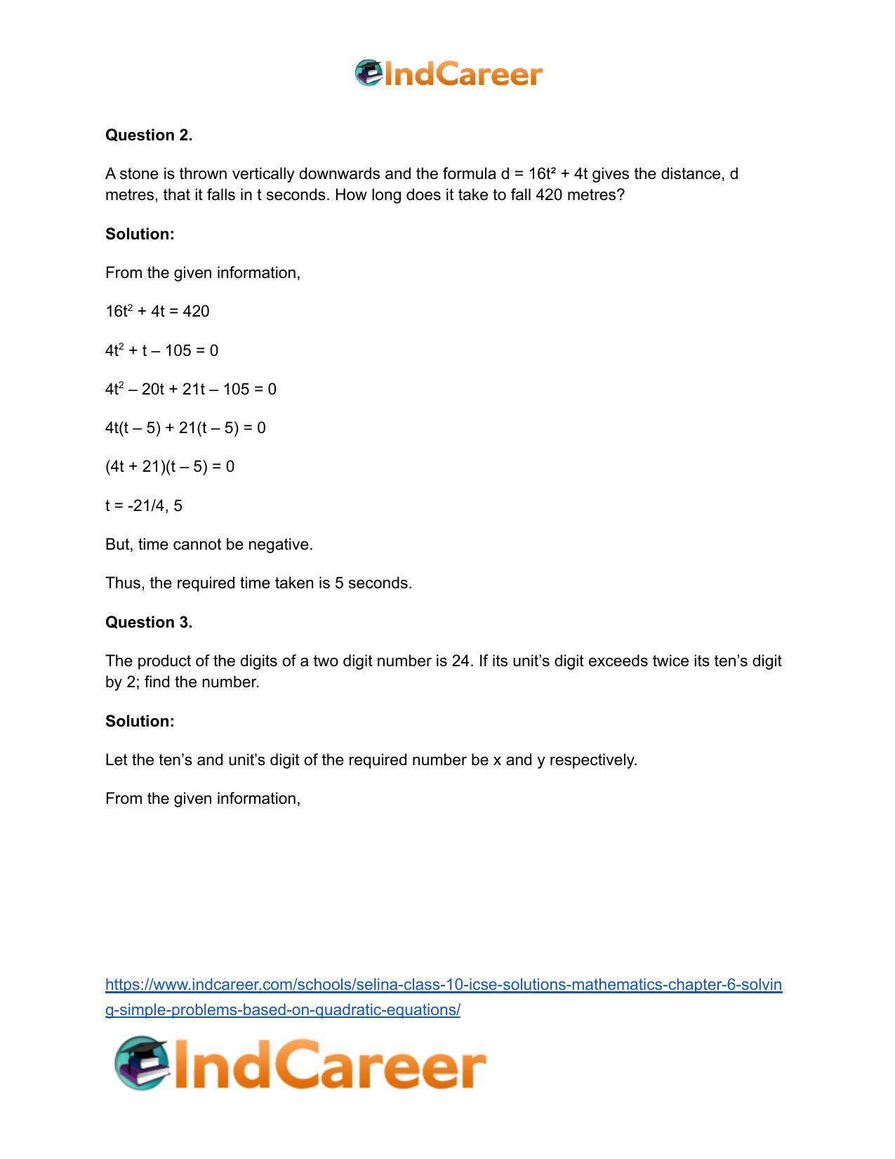 Selina Class 10 ICSE Solutions Mathematics : Chapter 6 - Solving Simple Problems (Based on Quadratic Equations) - Page 39