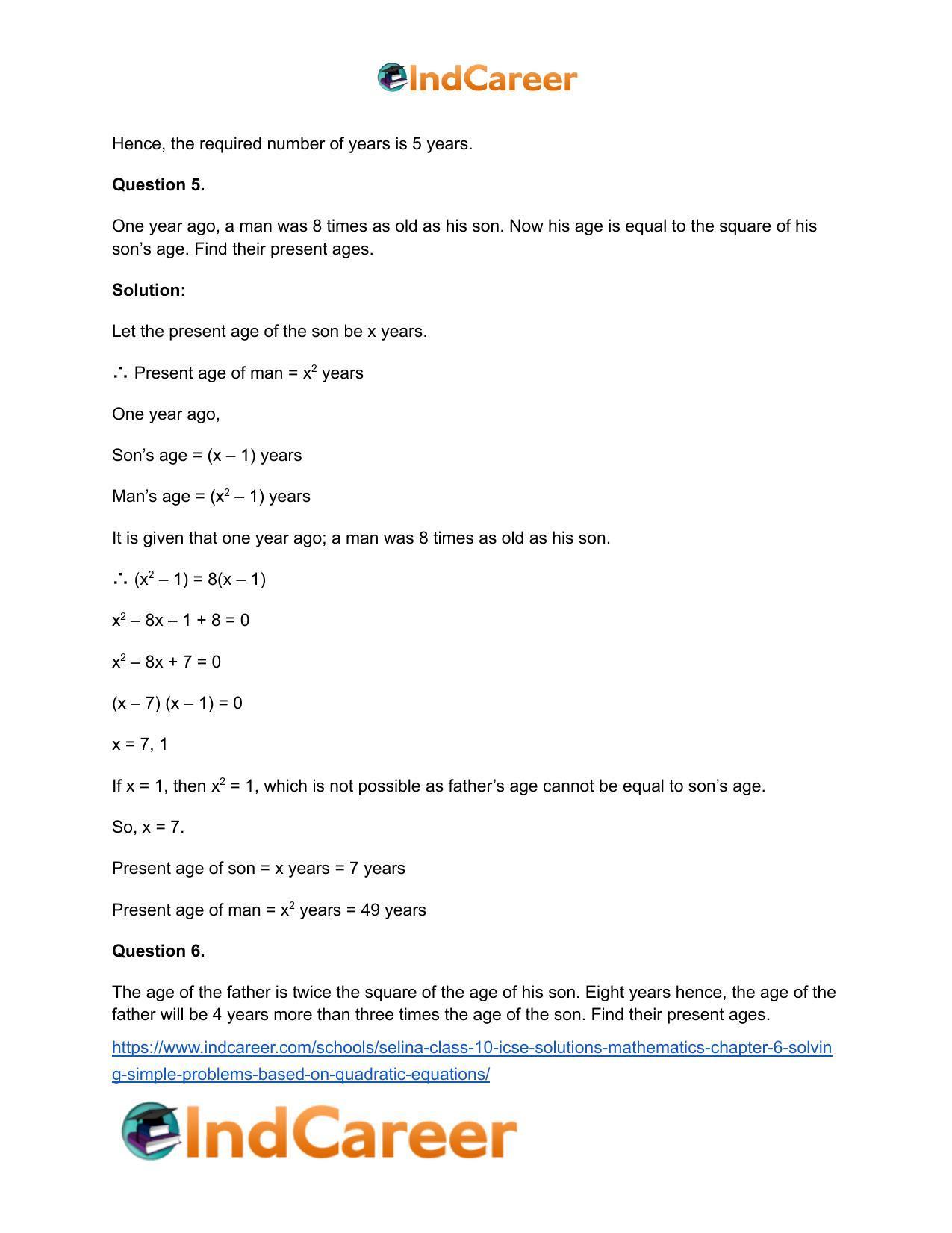Selina Class 10 ICSE Solutions Mathematics : Chapter 6 - Solving Simple Problems (Based on Quadratic Equations) - Page 41