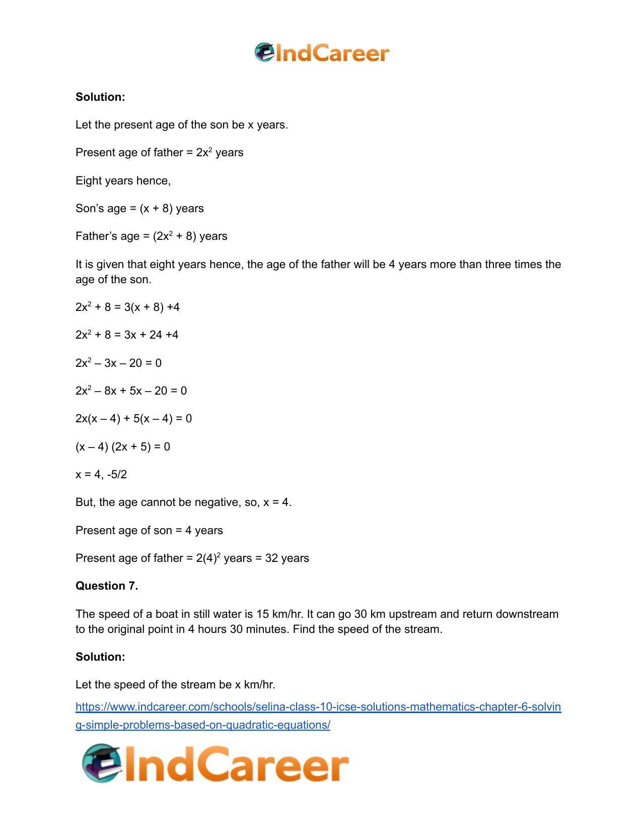 Selina Class 10 ICSE Solutions Mathematics : Chapter 6 - Solving Simple Problems (Based on Quadratic Equations) - Page 42