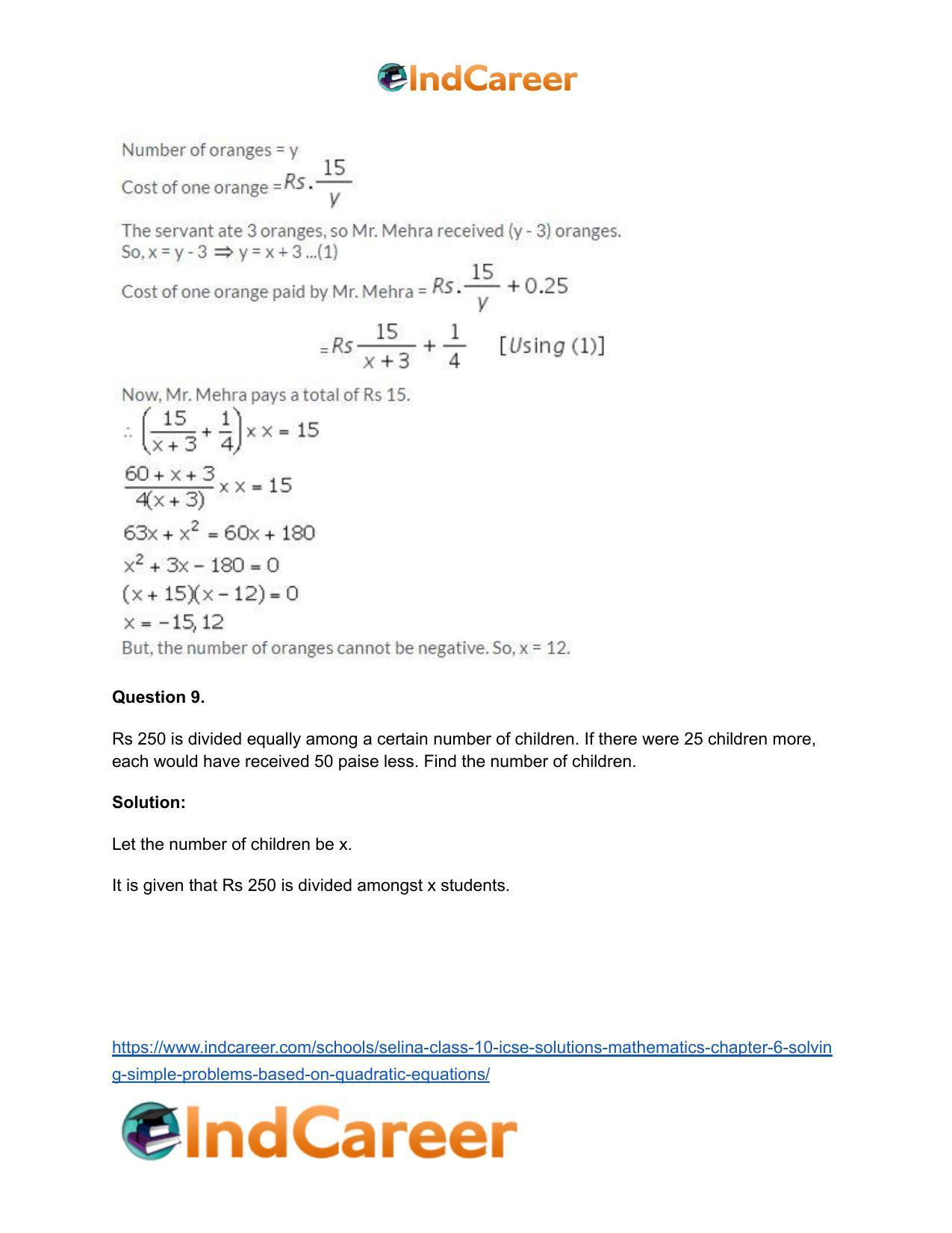 Selina Class 10 ICSE Solutions Mathematics : Chapter 6 - Solving Simple Problems (Based on Quadratic Equations) - Page 44