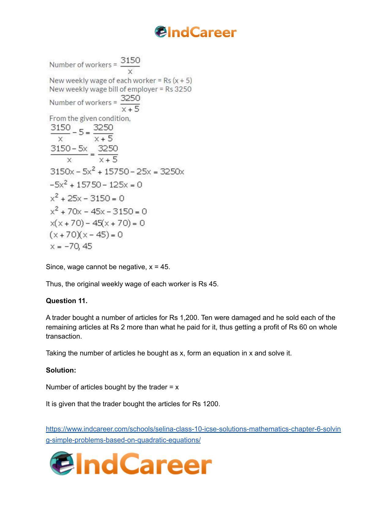 Selina Class 10 ICSE Solutions Mathematics : Chapter 6 - Solving Simple Problems (Based on Quadratic Equations) - Page 46