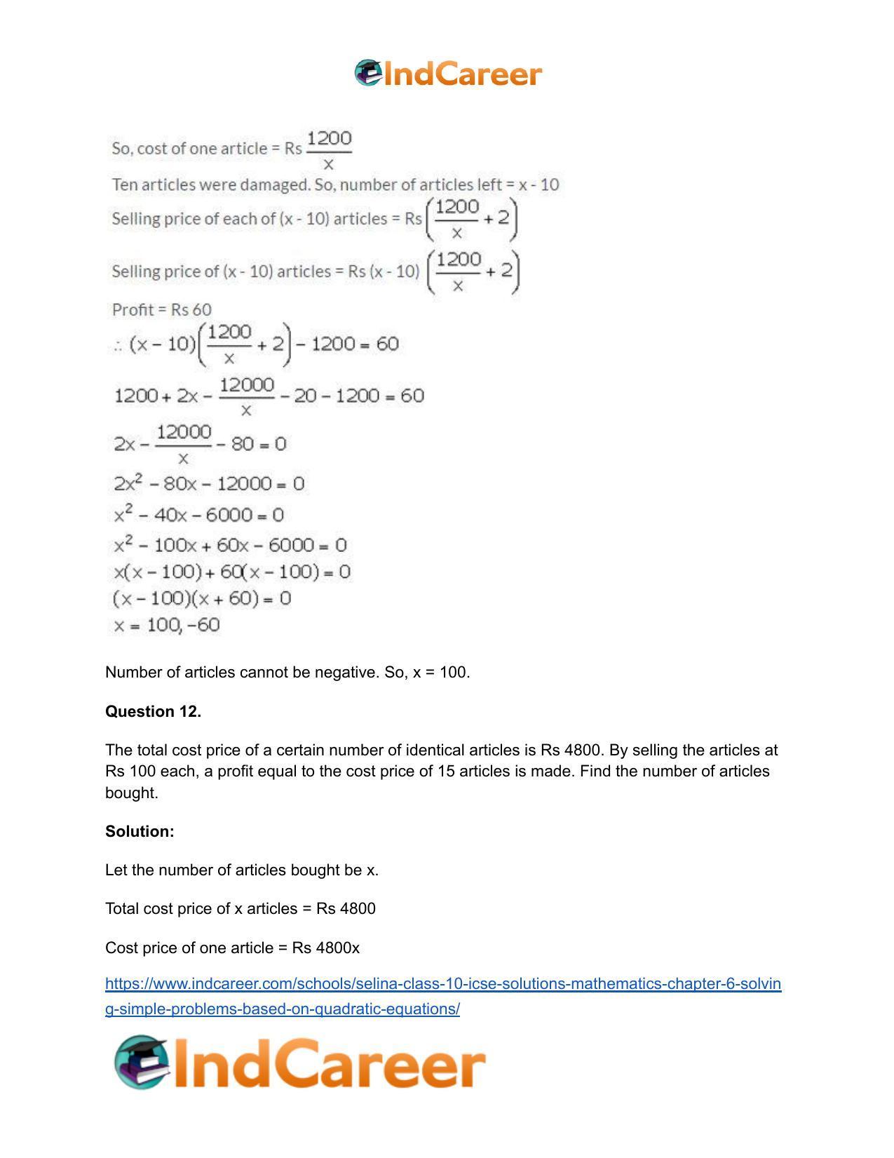 Selina Class 10 ICSE Solutions Mathematics : Chapter 6 - Solving Simple Problems (Based on Quadratic Equations) - Page 47