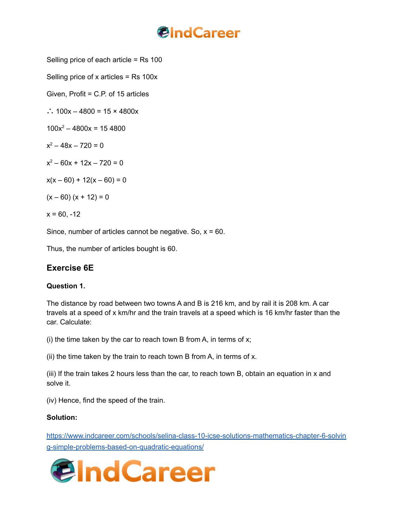Selina Class 10 ICSE Solutions Mathematics : Chapter 6 - Solving Simple Problems (Based on Quadratic Equations) - Page 48