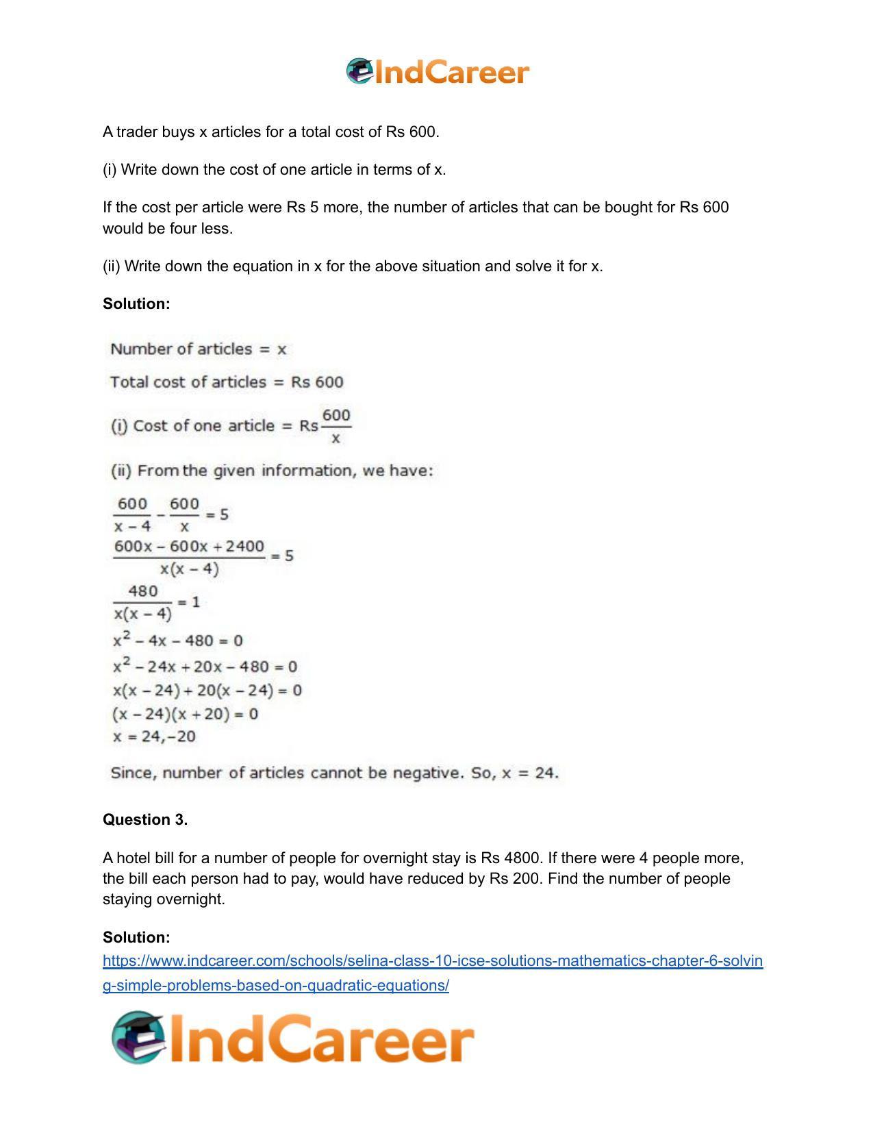 Selina Class 10 ICSE Solutions Mathematics : Chapter 6 - Solving Simple Problems (Based on Quadratic Equations) - Page 50