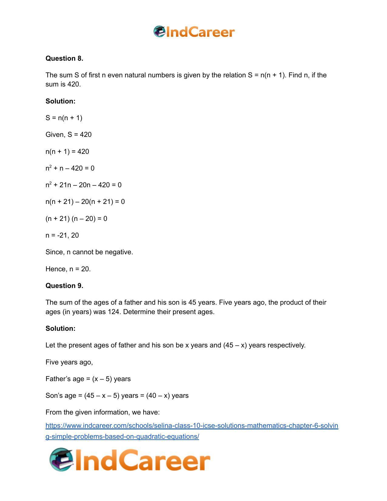 Selina Class 10 ICSE Solutions Mathematics : Chapter 6 - Solving Simple Problems (Based on Quadratic Equations) - Page 56
