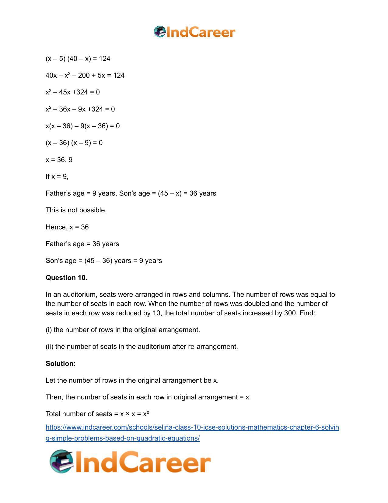 Selina Class 10 ICSE Solutions Mathematics : Chapter 6 - Solving Simple Problems (Based on Quadratic Equations) - Page 57