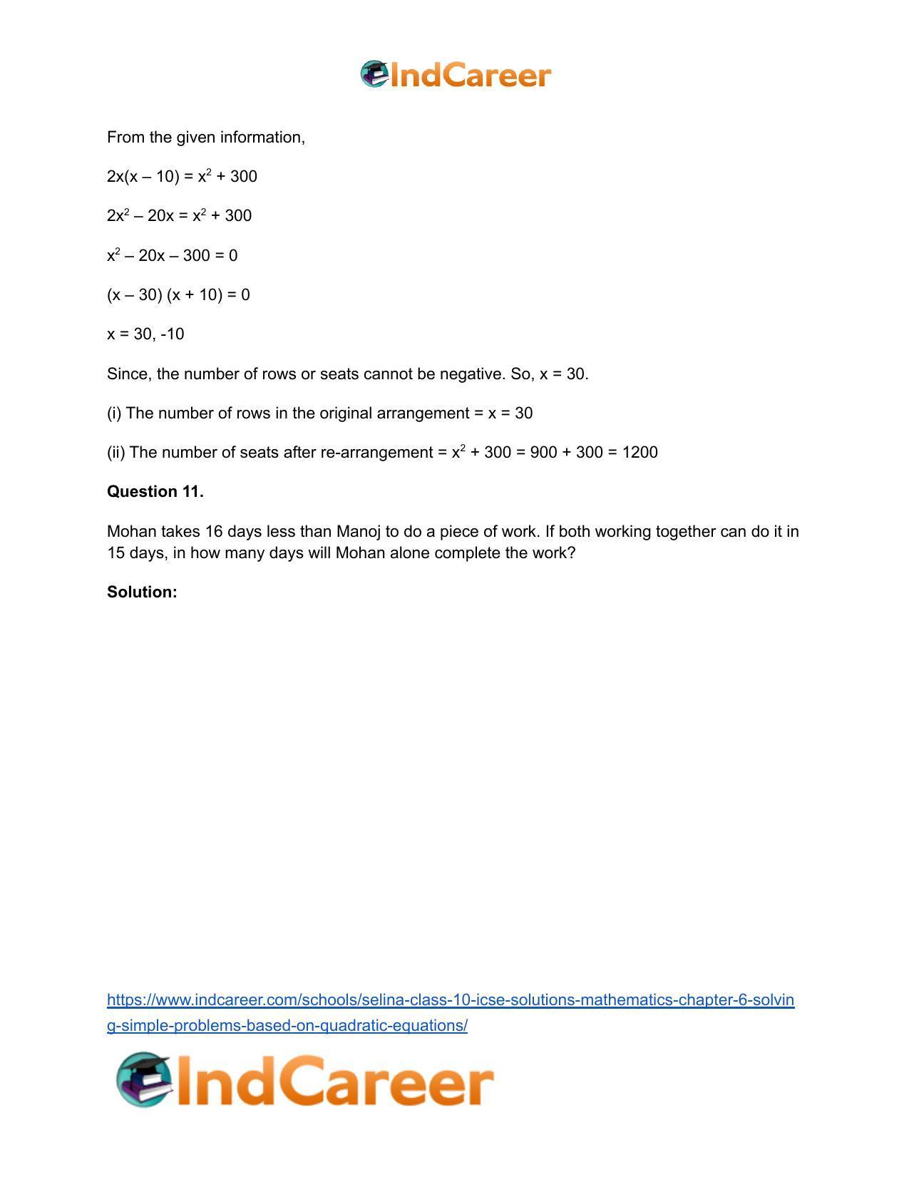 Selina Class 10 ICSE Solutions Mathematics : Chapter 6 - Solving Simple Problems (Based on Quadratic Equations) - Page 58