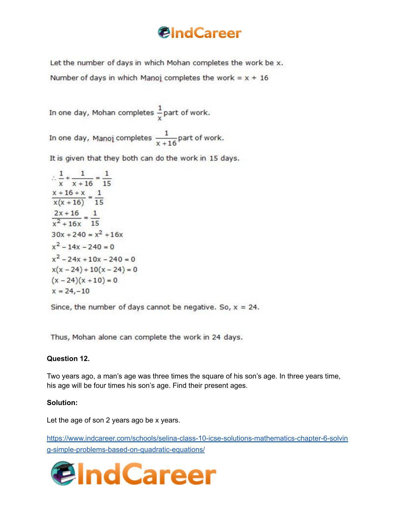 Selina Class 10 ICSE Solutions Mathematics : Chapter 6 - Solving Simple Problems (Based on Quadratic Equations) - Page 59