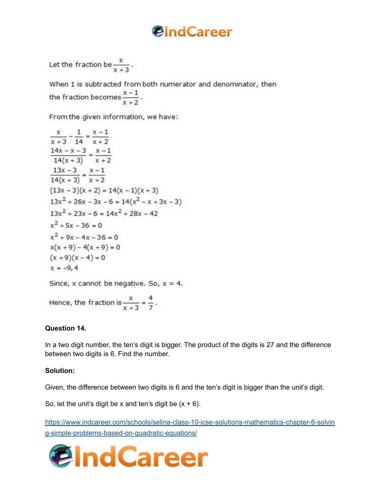 Selina Class 10 ICSE Solutions Mathematics : Chapter 6 - Solving Simple Problems (Based on Quadratic Equations) - Page 61