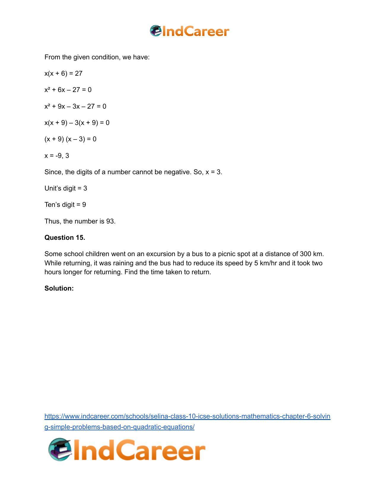Selina Class 10 ICSE Solutions Mathematics : Chapter 6 - Solving Simple Problems (Based on Quadratic Equations) - Page 62