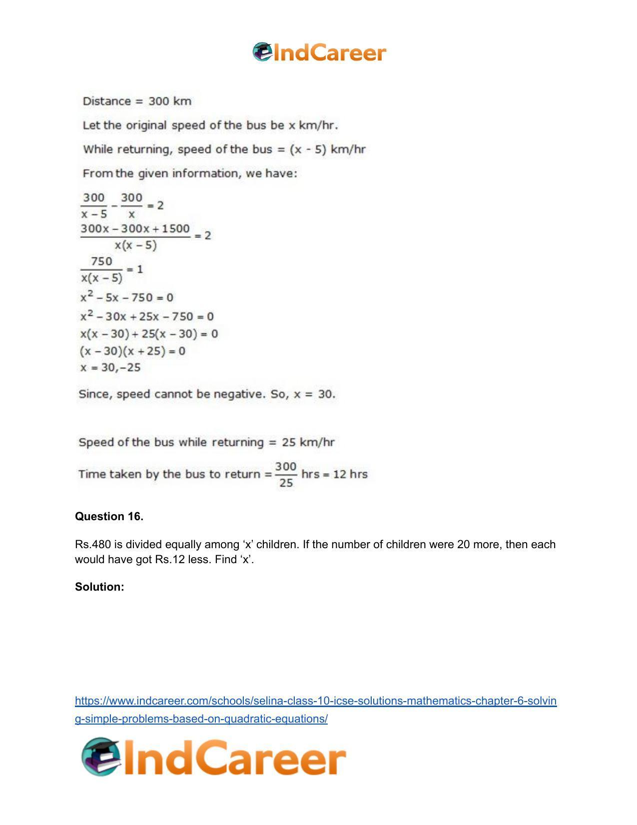 Selina Class 10 ICSE Solutions Mathematics : Chapter 6 - Solving Simple Problems (Based on Quadratic Equations) - Page 63