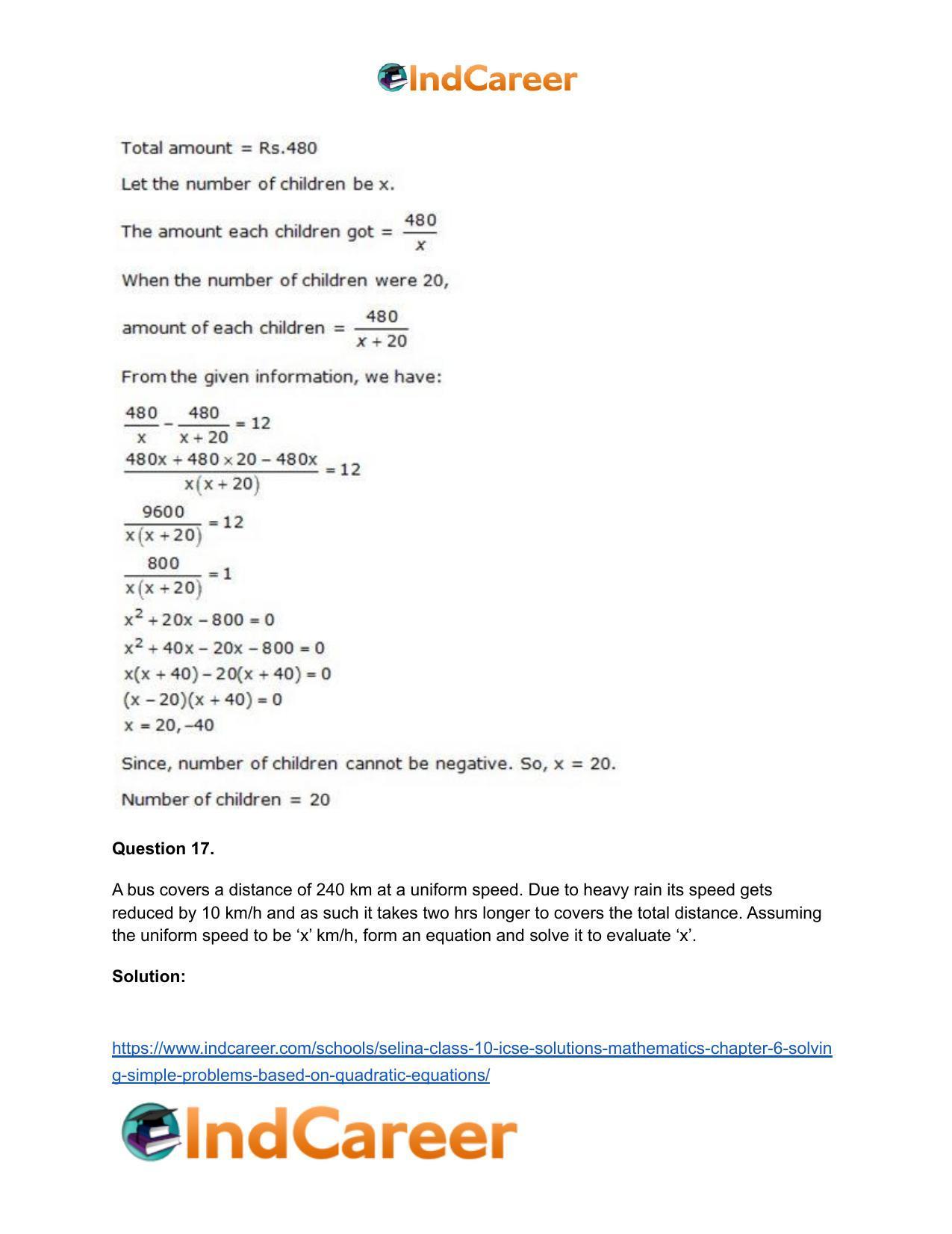 Selina Class 10 ICSE Solutions Mathematics : Chapter 6 - Solving Simple Problems (Based on Quadratic Equations) - Page 64