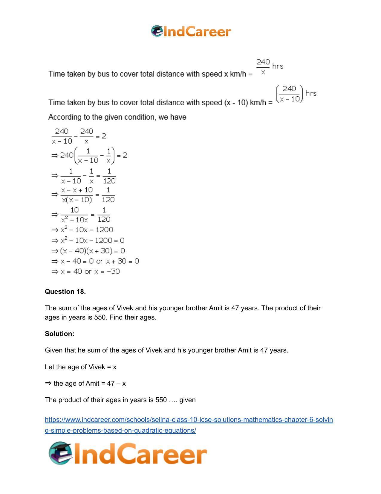 Selina Class 10 ICSE Solutions Mathematics : Chapter 6 - Solving Simple Problems (Based on Quadratic Equations) - Page 65