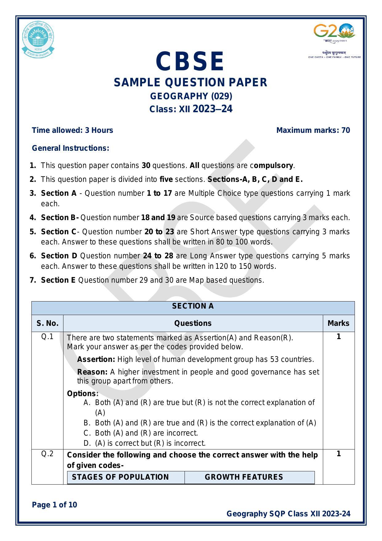 CBSE Class 12 Geography Sample Paper 2024 - Page 1