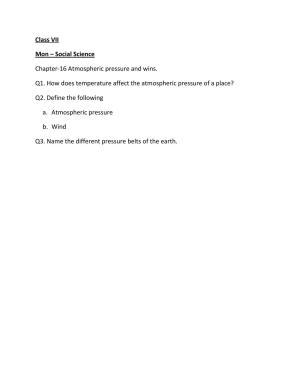 CBSE Worksheets for Class 7 Geography Atmospheric pressure and wins Assignment