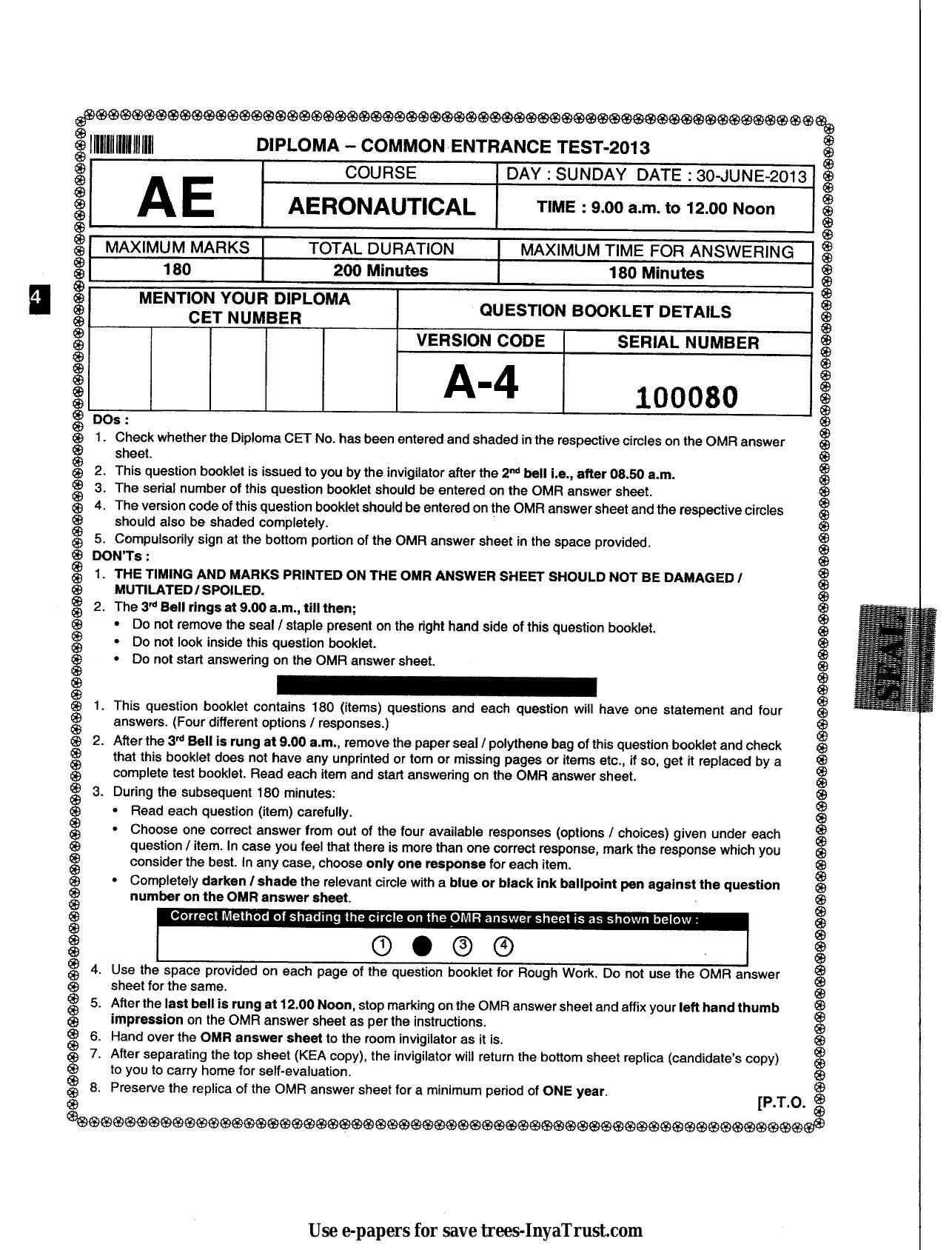 Karnataka Diploma CET- 2013 Aeronautical Engineering(1) Question Paper - Page 1