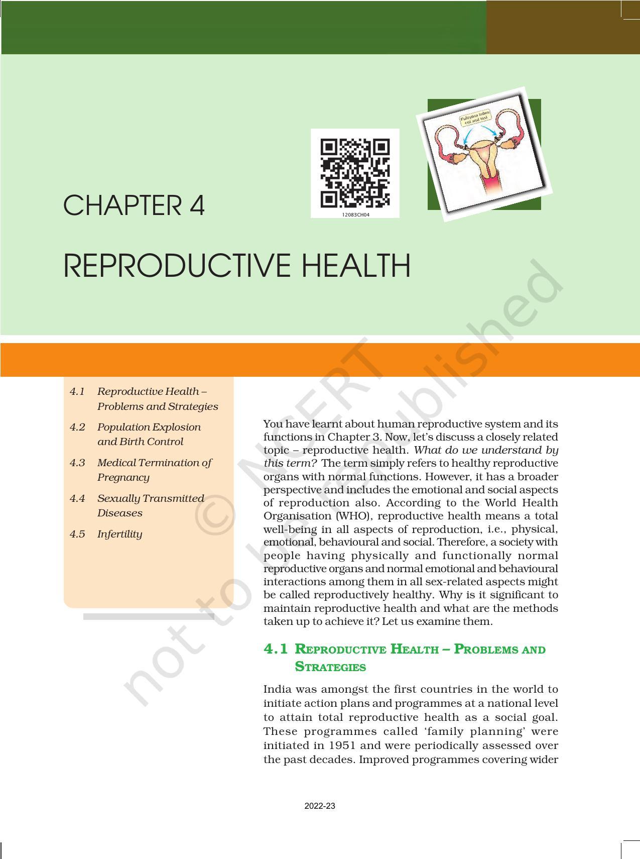 NCERT Book for Class 12 Biology Chapter 4 Reproductive Health - Page 1