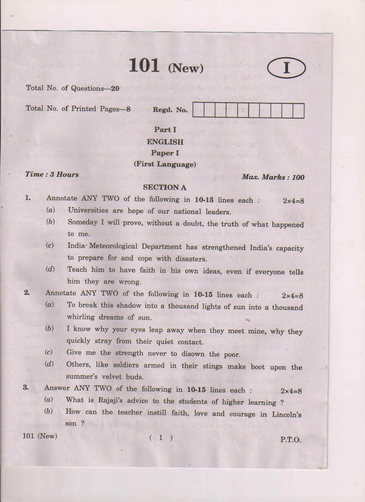 AP Inter 1st Year English-I (New) March-2019-General Question Paper - Page 1