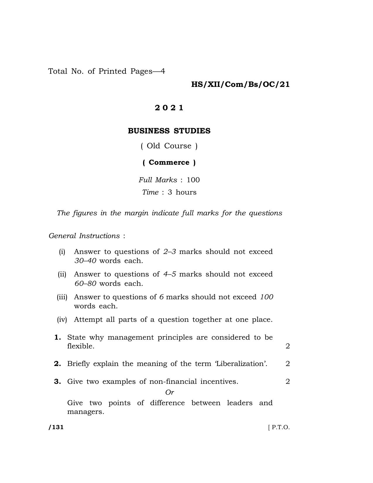 Meghalaya Board (MBOSE) Class 12 BUSINESS STUDIES (Old Course) (HS-XII-Com-Bs-OC-21) 2021 Question Paper - Page 1