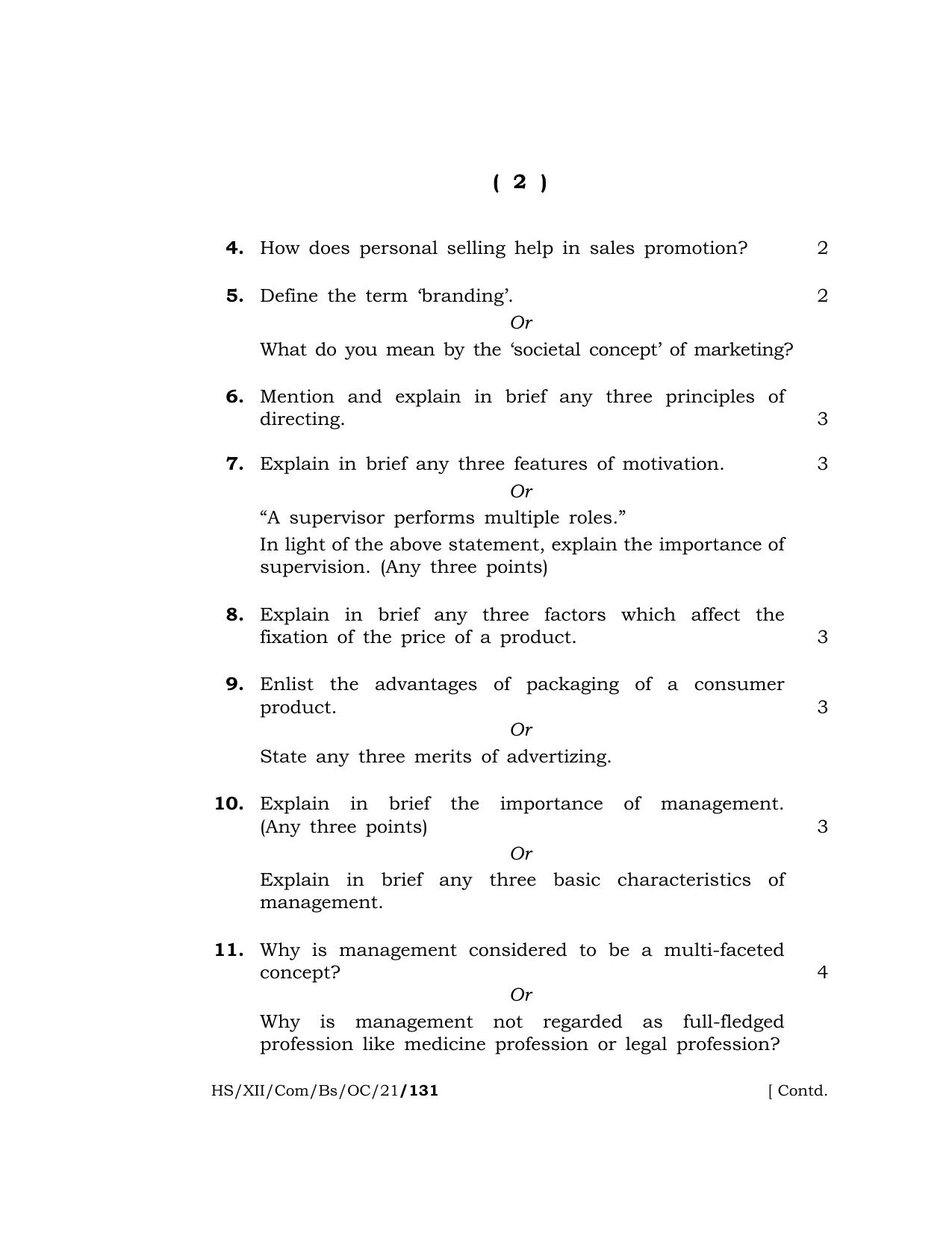 Meghalaya Board (MBOSE) Class 12 BUSINESS STUDIES (Old Course) (HS-XII-Com-Bs-OC-21) 2021 Question Paper - Page 2