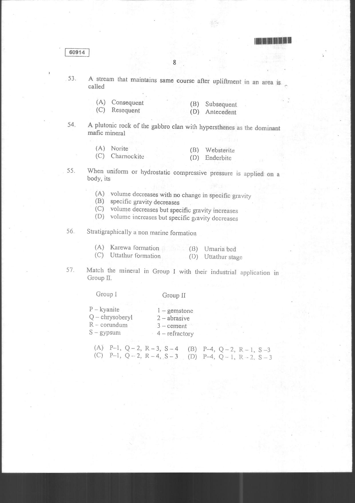 CUSAT CAT 2014 Geology Question Paper - Page 10