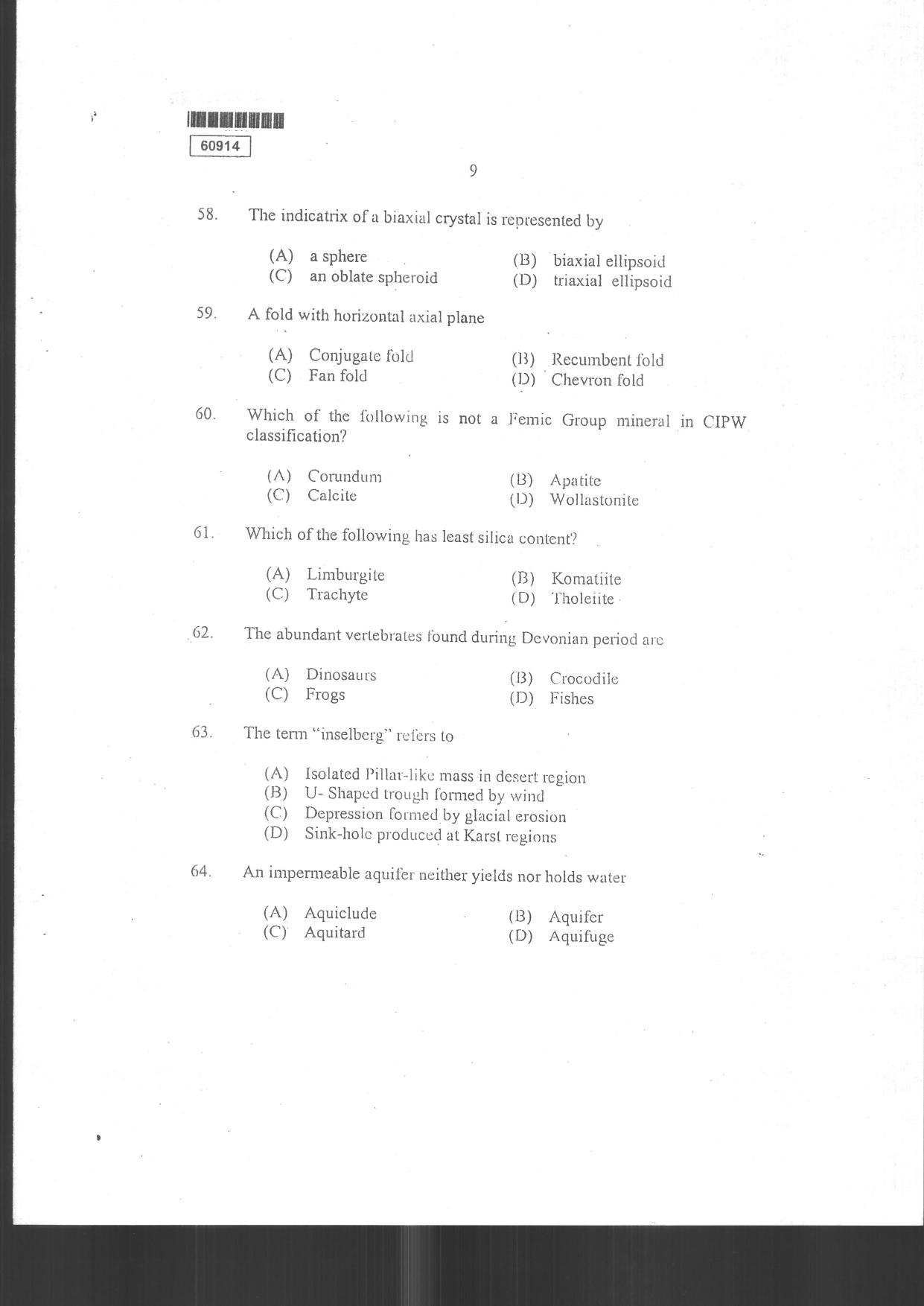 CUSAT CAT 2014 Geology Question Paper - Page 11