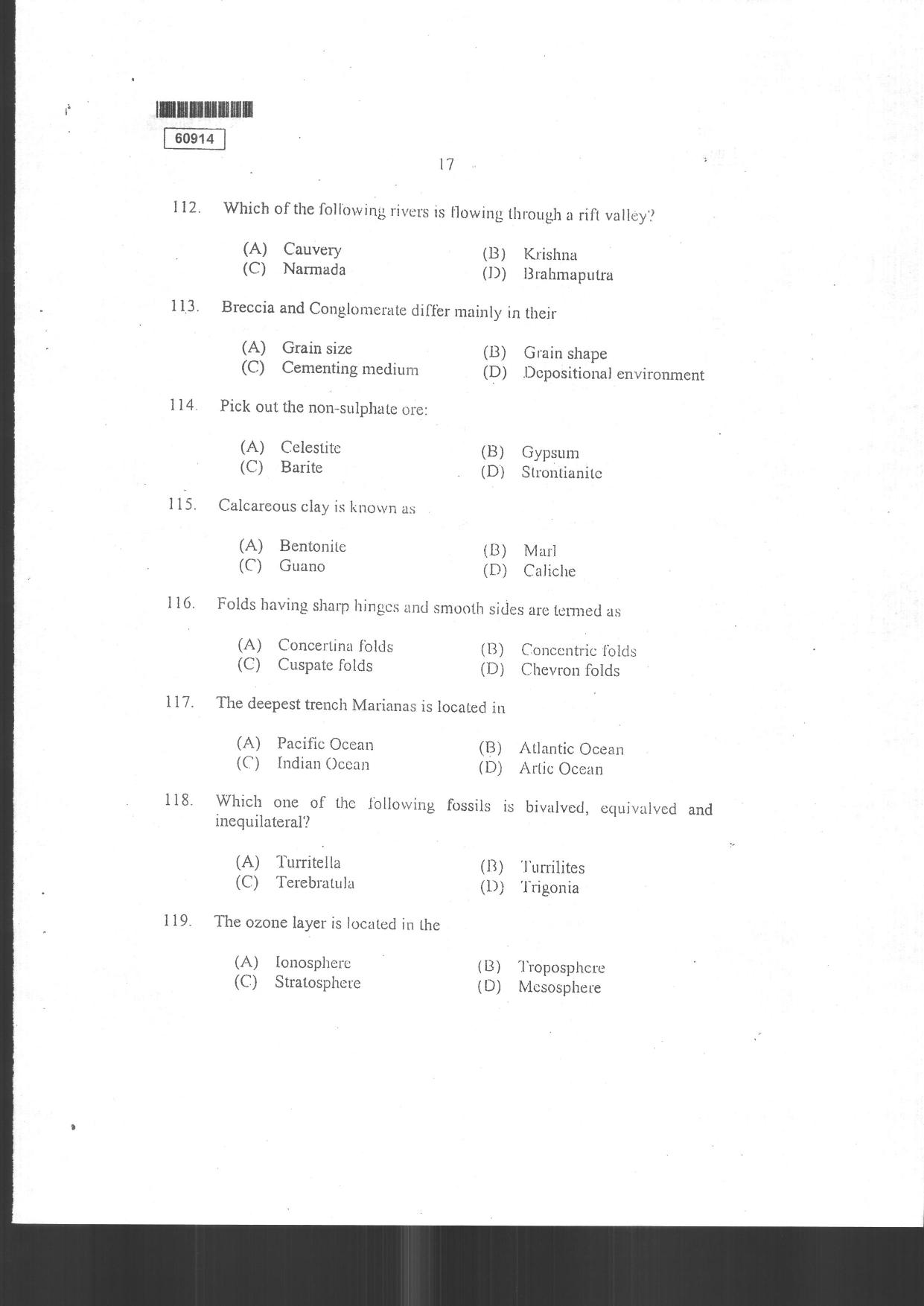 CUSAT CAT 2014 Geology Question Paper - Page 19