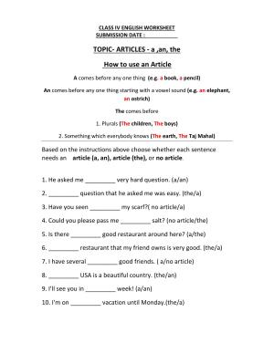 Worksheet for Class 4 English Assignment 93 Articles